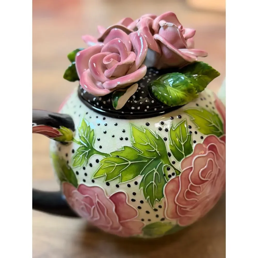 J McCall Blue Sky 2004 Floral Rose Polka Dot Teapot Tea Warmer Set Vintage